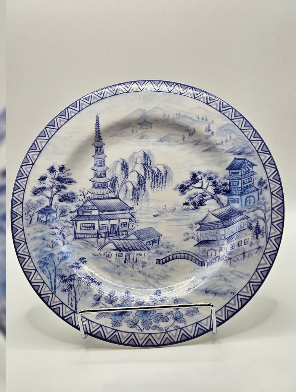 American Atelier Asian Blue 8” Plates Set of 3 Porcelain Chinoiserie Scenic Dish